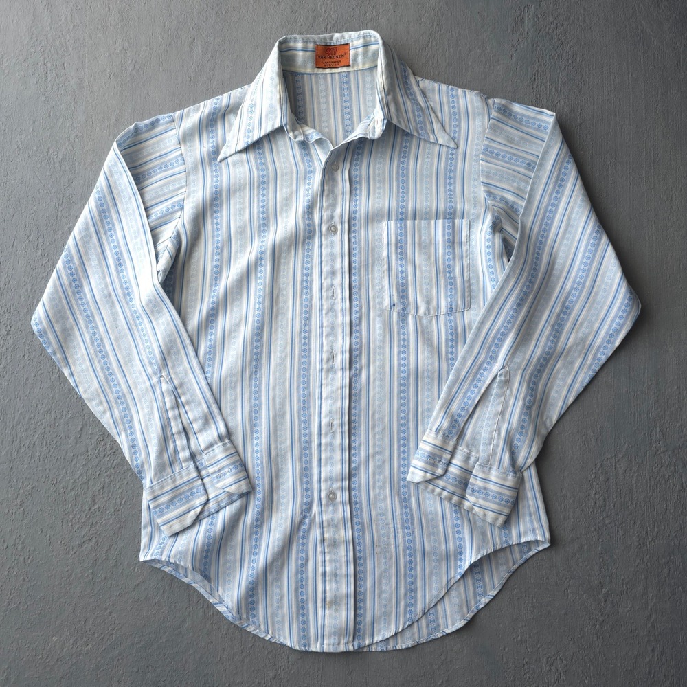 Vintage 70s Van Heusen Blue Striped Floral Long Sleeve Button Up Shirt 15.5 33